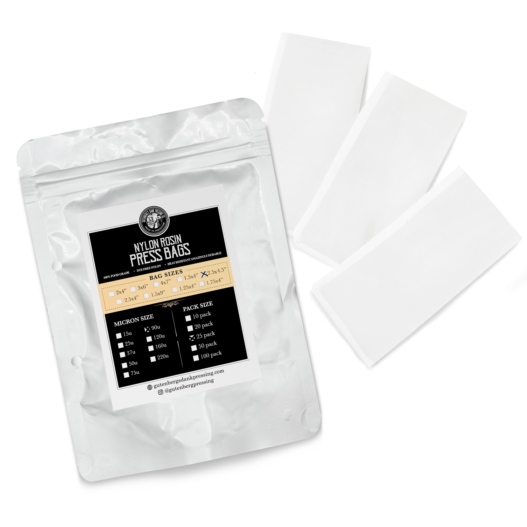 2.5x4.5 inch rosin press bags 90u 25 pack